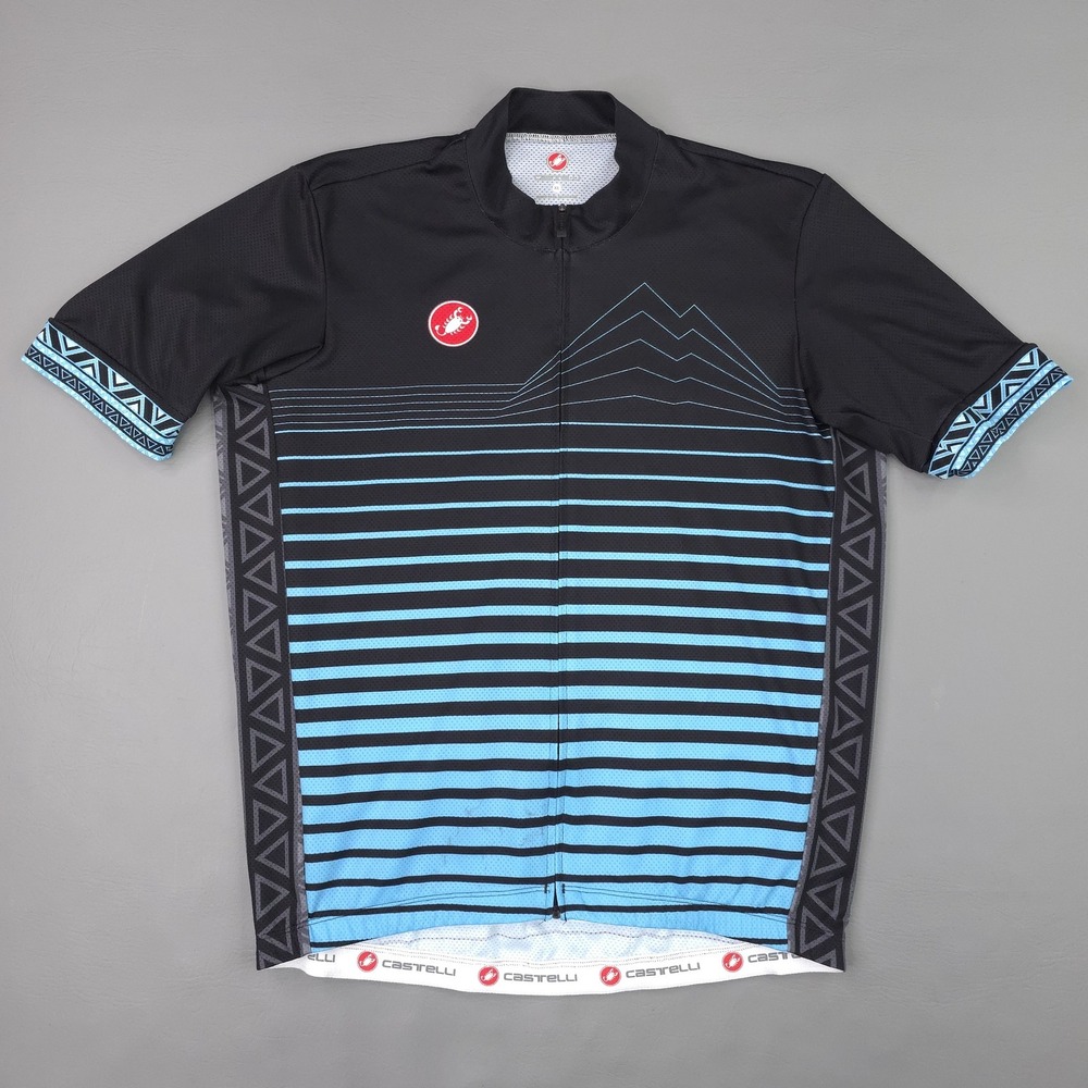 Castelli Cycling Bike Jersey Mens XL Blue Black Stripe Full Zip Short Sleeve